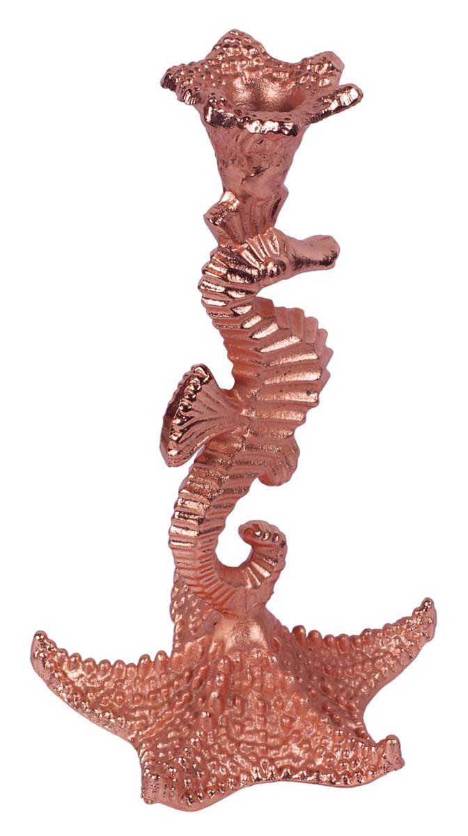 8.5” Small Sea-Horse Candle-Stand in Aluminum - Copper Color - Hand-Crafted Home Decor from India - Buy in Bulk Wholesale